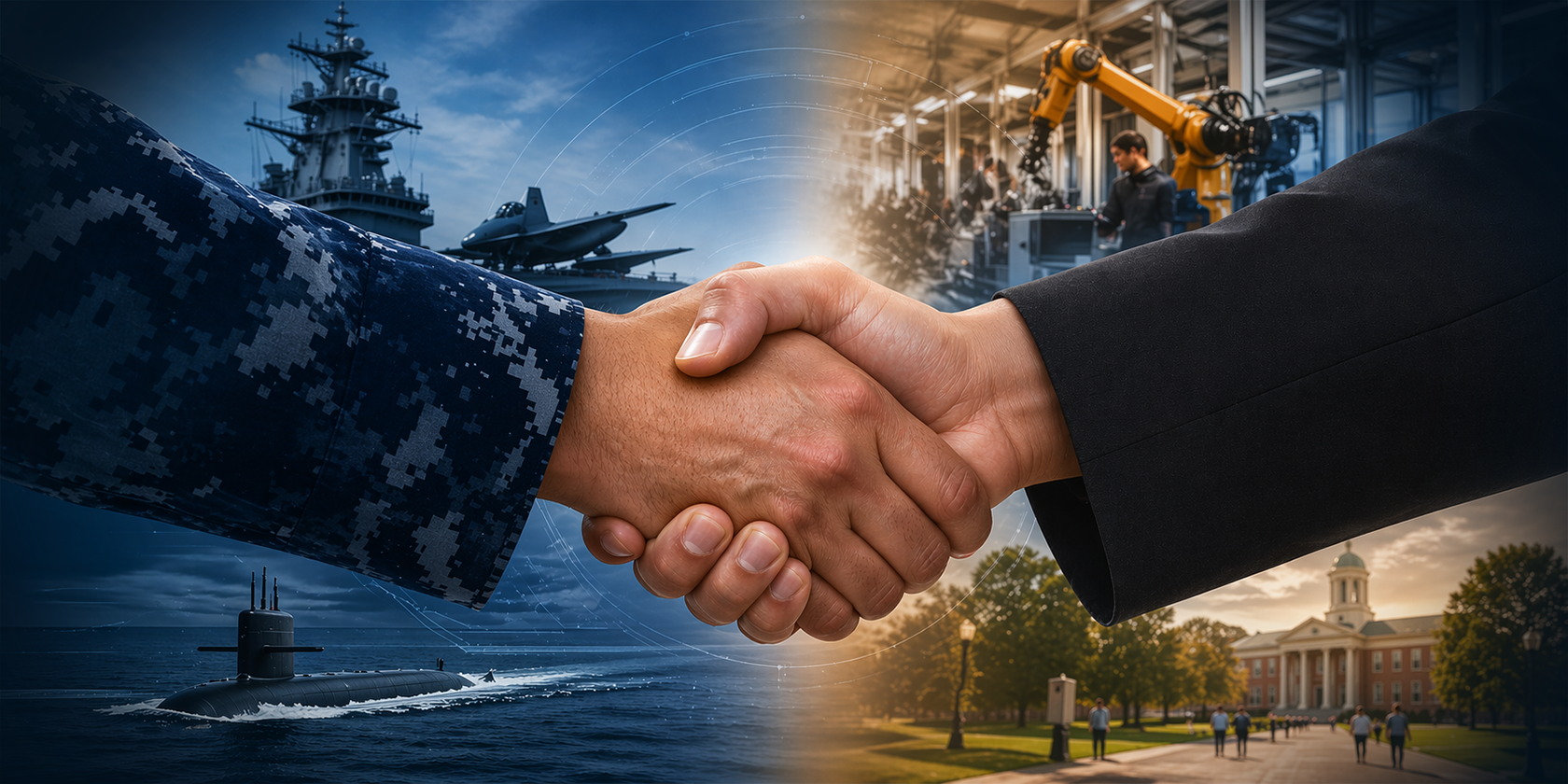 Technology Transfer warfighter on left and corporate business on right shown.